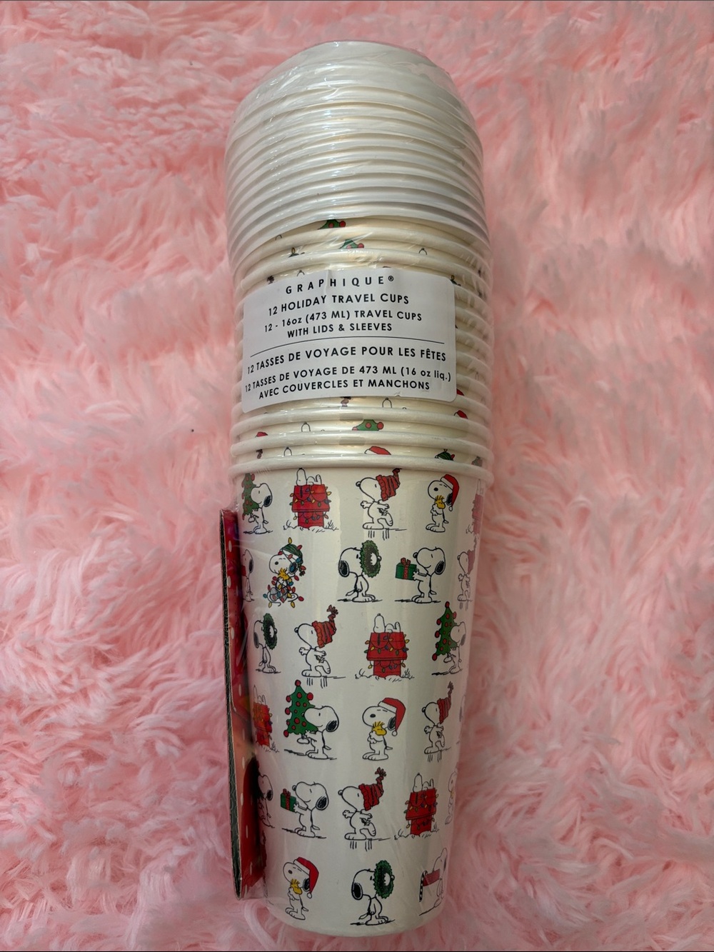 Snoopy Holiday Disposable Travel Cups - White with Red & Green Prints